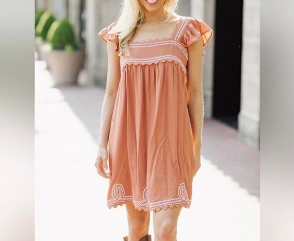 J. Marie Ryan Embroidered Flutter Sleeve Square Neck Mini Dress Rust Orange S